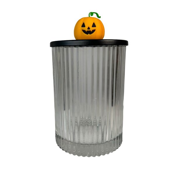 Other - Clear Ribbed Glass Canister Jar w/ Lid Pumpkin Jack O Lantern Halloween Goth Emo